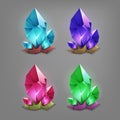 Set of different game resources cartoon crystals.