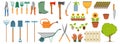 Set of different gardening tools, spring garden items, various tools for gardening, garden elements Royalty Free Stock Photo