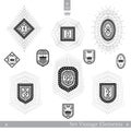 Set of different geometric shields with light ray. Vintage style templates for business Royalty Free Stock Photo