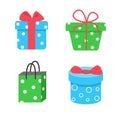 Set of different gift boxes and bags, vector illustration in cartoon flat style. Colorful wrapped. Sale, holidays