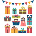 Set of different gift boxes. Colorful wrapped gift boxes. Birthday surprise. Flat design. Christmas presents Royalty Free Stock Photo