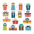 Set of different gift boxes. Flat design. Birthday surprise. Royalty Free Stock Photo