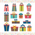 Set of different gift boxes. Flat design. Birthday surprise. Royalty Free Stock Photo