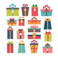 Set of different gift boxes. Flat design. Colorful wrapped gift Royalty Free Stock Photo
