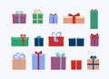 Set of different gift boxes and presents isolated on white background. Flat vector illustration