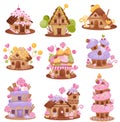 Set of different gingerbread houses. Vector illustration on white background.