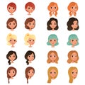 Set of different girl`s hair styles and colors: black, blue, blonde, red, brown. Female teens with big shiny eyes. Human