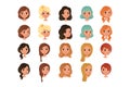 Set of different girl s hair styles and colors black, blue, blonde, red, brown. Female teens with big shiny eyes. Human