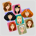Set of different girl with various hairstyles, hair colors. Flat style illustration. Royalty Free Stock Photo