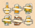Set different glasses beer with ribbon. Vector engraving color vintage Royalty Free Stock Photo