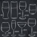 Set of different glasses on blackboard