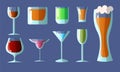 Set of different glasses in various shapes with alcoholic drinks. Vector illustration in a flat cartoon style. Royalty Free Stock Photo