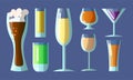 Set of different glasses in various shapes with alcoholic drinks. Vector illustration in a flat cartoon style. Royalty Free Stock Photo