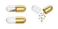 Set of different gold capsules on a white background.