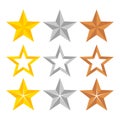 Set of different gold, silver and bronze ranking stars, stock vector illustration