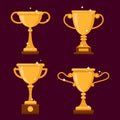 Set of different golden shiny trophy cups. Vector illustration with isolated colorful awards, flat design.