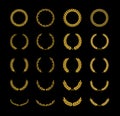 Set of different golden silhouette circular laurel foliate and wheat wreaths depicting an award, achievement, heraldry, nobility,