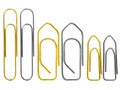 Set of different golden and steel grounge paper clip isolated on white background close up