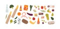 Set of different grocery food and drink products vector flat illustration. Collection of various fruit, vegetables