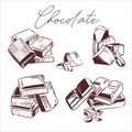Set different groups of chocolates, chopped or broken. For the design of menus, books, packaging. Vector illustration.