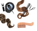 Set with different hairdresser supplies on background, top view Royalty Free Stock Photo
