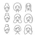 Set of different hairstyle, line icons, various hair types, women portrait. Royalty Free Stock Photo
