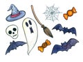 A set of different Halloween attributes. Colored, surrounded by a black outline on a white background. Royalty Free Stock Photo