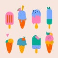 A set of different hand-drawn ice creams. Flat, hand-drawn design