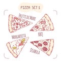Set of different hand drawn pizza slices