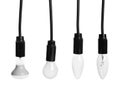 Set of different hanging lamp bulbs with wires