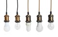Set of different hanging lamp bulbs with wires Royalty Free Stock Photo