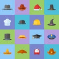 Set of different hats flat style icons.