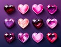 Set of different hearts with glares and shadow on dark background