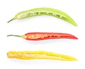 Set with different hot chili peppers on white background, top view Royalty Free Stock Photo