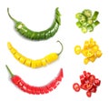 Set with different hot chili peppers on white background, top view Royalty Free Stock Photo