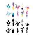 Set of different houseplants in pots. Collection of various silhouettes of elements flora