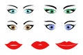 Set of different human eyes, eyebrows and lips, cartoon girl face elements. Royalty Free Stock Photo