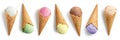 Set of different ice cream scoops in waffle cones Royalty Free Stock Photo