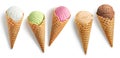 Set of different ice cream scoops in waffle cones Royalty Free Stock Photo