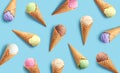 Set of different ice cream scoops in waffle cones Royalty Free Stock Photo