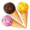 Set of different ice cream in waffle cone