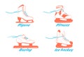 Set of different ice skates - figure, fitness, Racing, hockey. Type of ice skate boots. Winter sport equipment logo in vintage