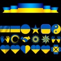 Set of different icons with symbols of Ukraine.Flag of Ukraine in different elements, icons and shapes.Vector