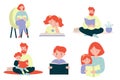 Set of different illustration of parents and children reading a book. Vector