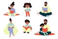 Set of different illustrations of African American parents and children reading a book. Vector