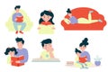 Set of different illustrations of parents and children reading a book