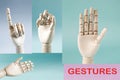 A set of different images of a mannequin`s hands with various close-up gestures.