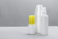 Set of different insect repellents on grey background. Space for text Royalty Free Stock Photo