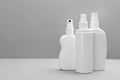 Set of different insect repellents on grey background. Space for text Royalty Free Stock Photo