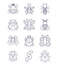 Set of different insects or bugs small animals linear style